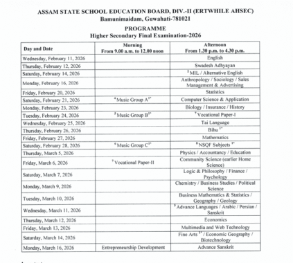 Assam Board 2026 Date Sheet
