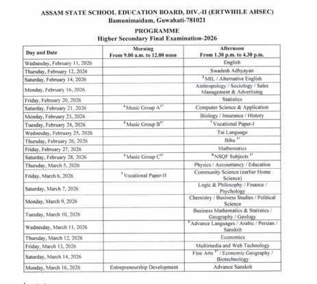 Assam Board 2026 Date Sheet