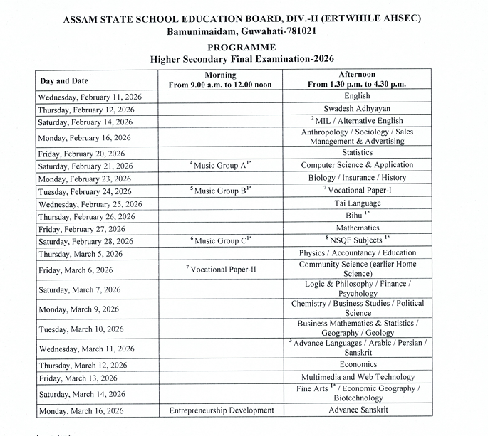 Assam Board 2026 Date Sheet