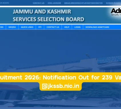 JKSSB Recruitment 2026 Notification Out for 239 Various Posts @jkssb.nic.in